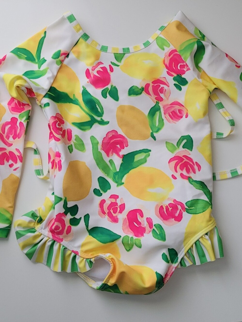 Long Sleeve One-Piece Toddler Swimsuit with Lemon & Pink Floral Print